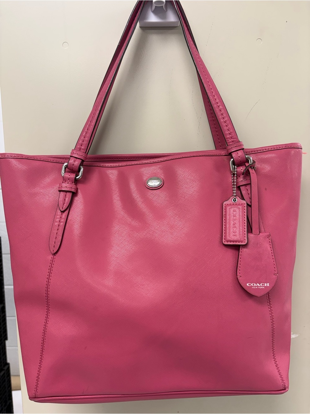 COACH Peyton Strawberry Pink Saffiano Leather Zip Top Tote Bag F27349